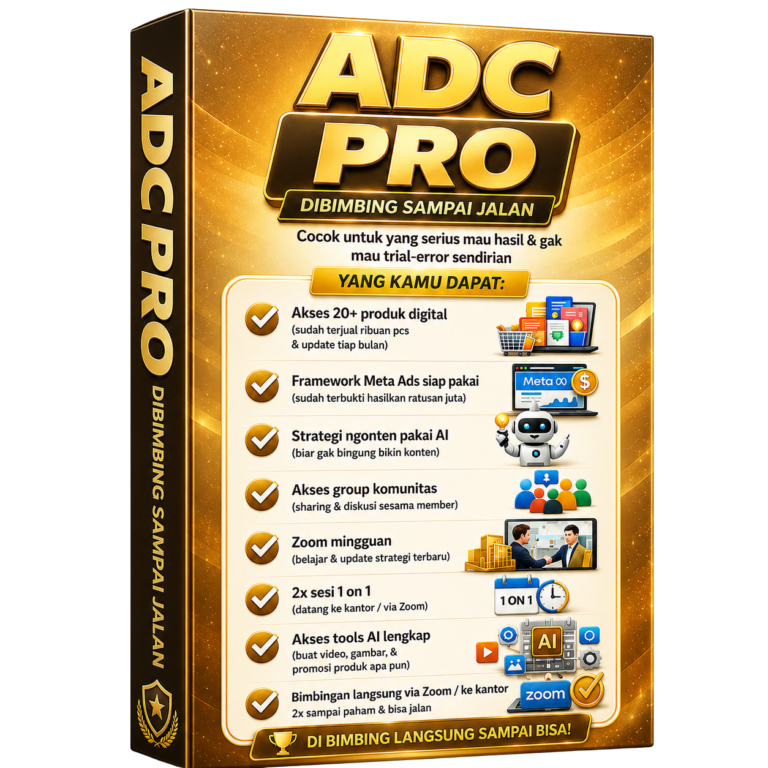 Hero image review ADC Pro berupa box program affiliate dengan bimbingan, Meta Ads, tools AI, komunitas, dan Zoom mingguan