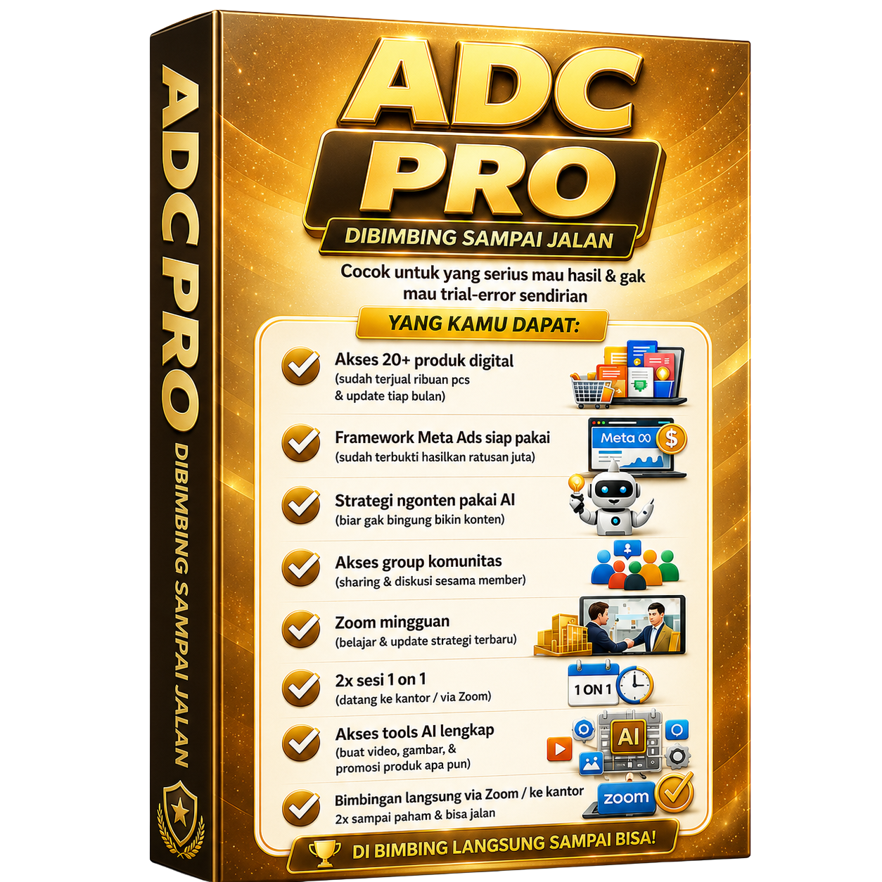 Hero image review ADC Pro berupa box program affiliate dengan bimbingan, Meta Ads, tools AI, komunitas, dan Zoom mingguan