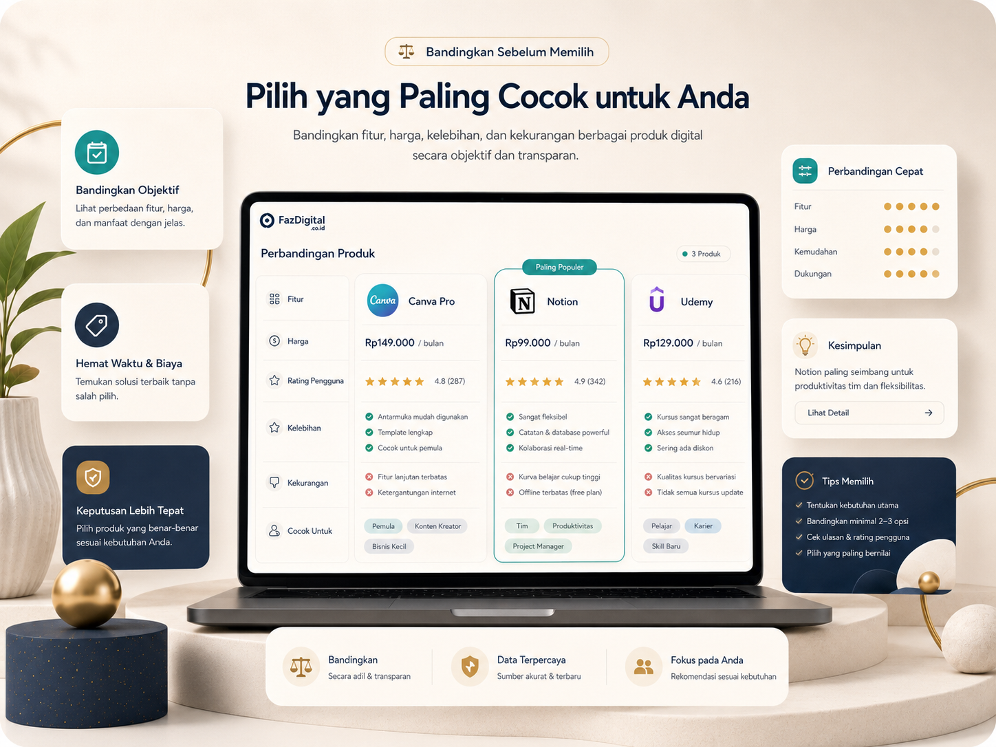 Ilustrasi bandingkan sebelum memilih marketplace dengan tampilan dashboard perbandingan fitur, harga, rating, kelebihan, dan kekurangan produk.