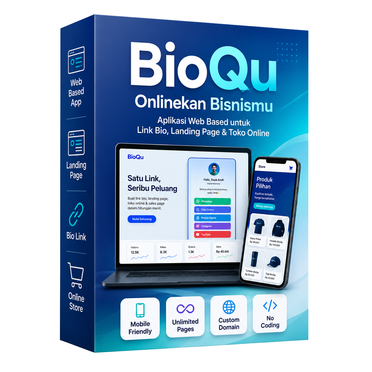 Hero image review BioQu untuk membuat link bio, landing page, dan toko online tanpa coding