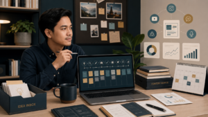 Ilustrasi cara membangun sistem konten yang konsisten dari ide hingga evaluasi