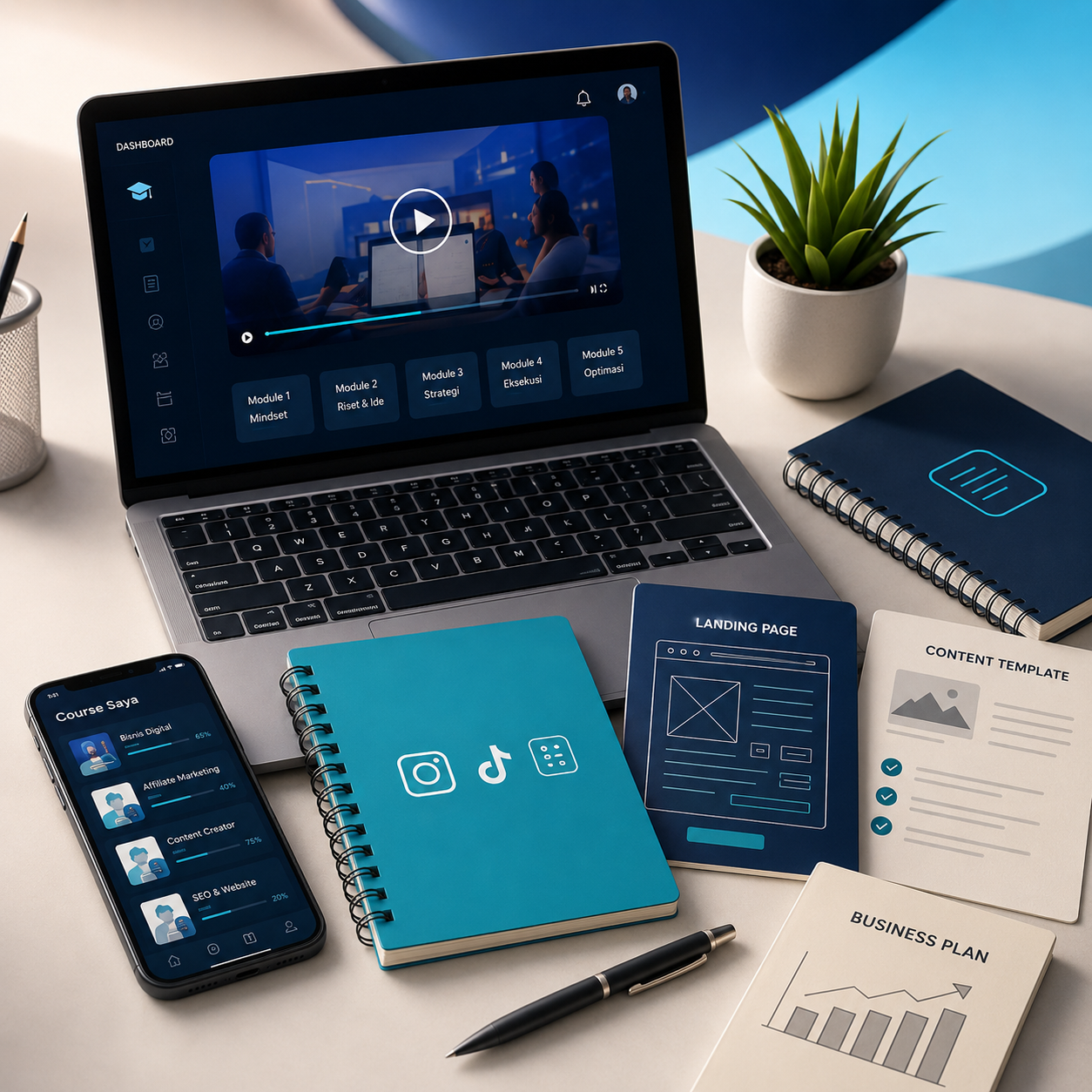 Ilustrasi course & template digital dengan laptop, video pembelajaran, workbook, template konten, landing page, dan business plan