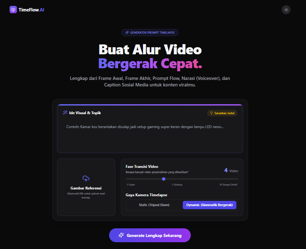 Tampilan dashboard TimeFlow AI untuk membuat alur frame, prompt, dan gaya kamera video timelapse
