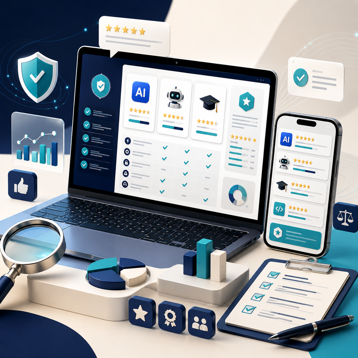 Ilustrasi halaman review FazDigital dengan dashboard perbandingan produk digital, tools AI, rating, dan checklist penilaian