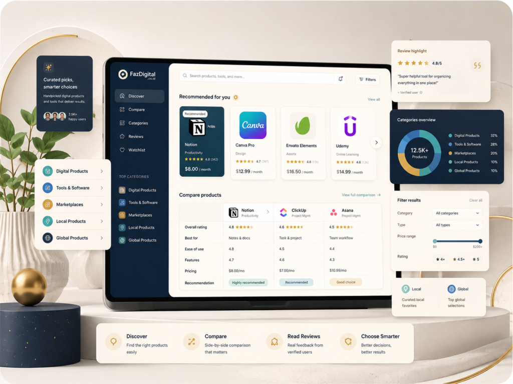 Ilustrasi dashboard FazDigital untuk membantu pengguna menemukan, membandingkan, dan membaca review produk digital sebelum memilih.