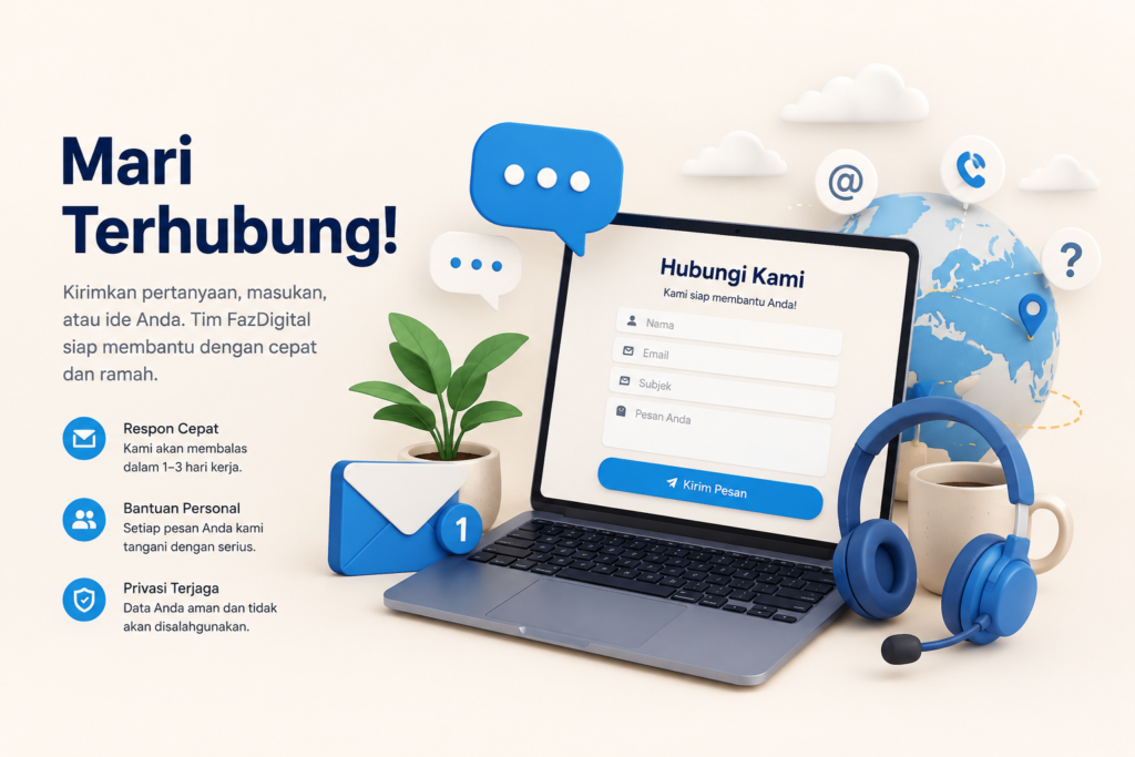 Ilustrasi halaman kontak FAZDigital dengan laptop, formulir pesan, ikon email, headset, dan layanan bantuan digital.