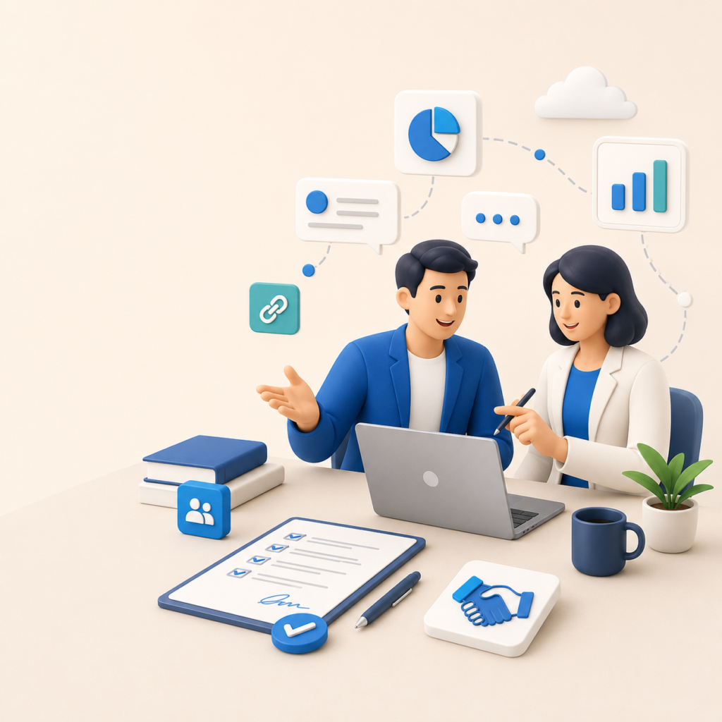 Ilustrasi kerja sama FAZDigital antara dua profesional yang berdiskusi menggunakan laptop, dokumen, dan simbol partnership digital.