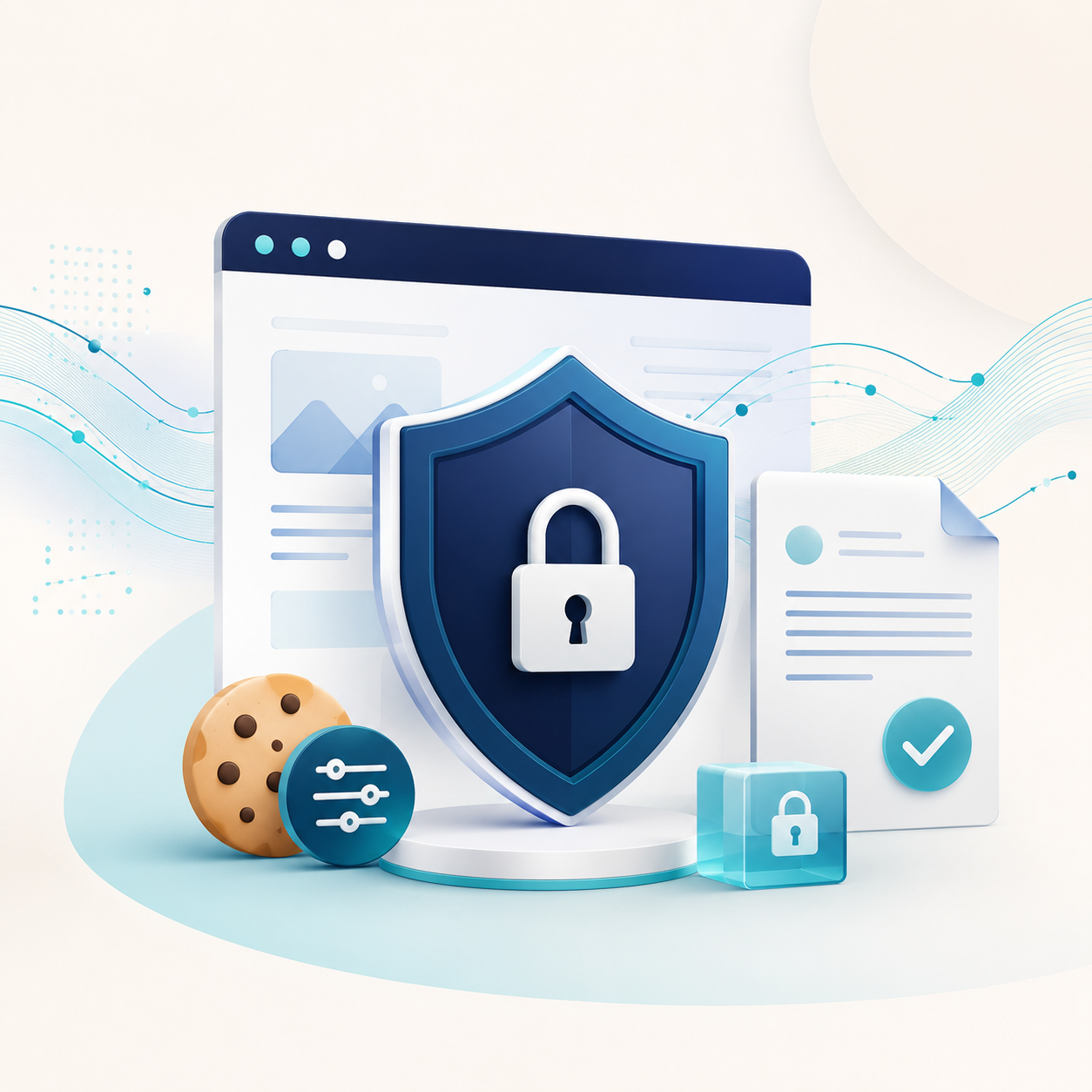 Ilustrasi kebijakan privasi FazDigital dengan simbol perisai, gembok, cookie, dan dokumen data pengguna