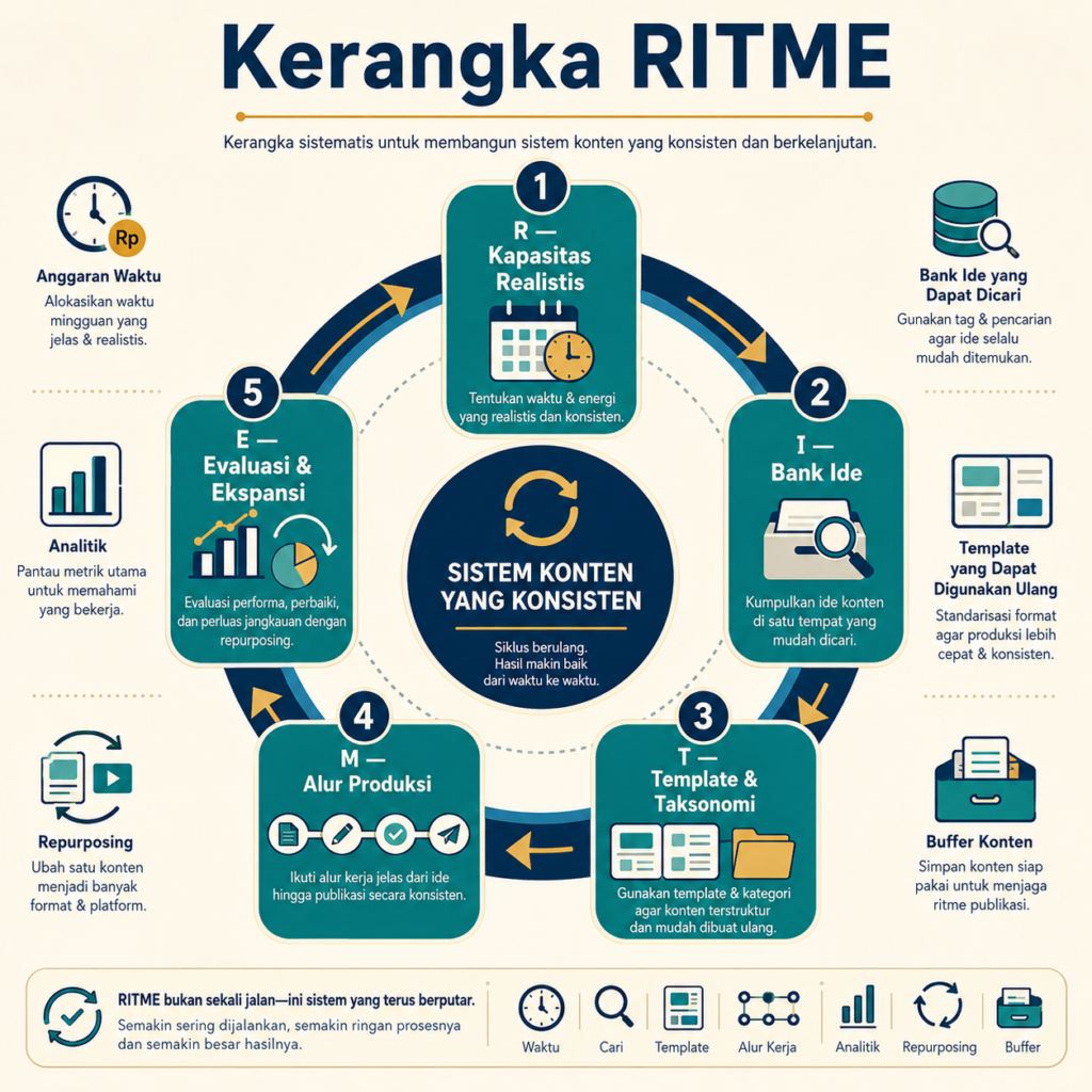 Infografis kerangka RITME untuk membangun sistem konten yang konsisten