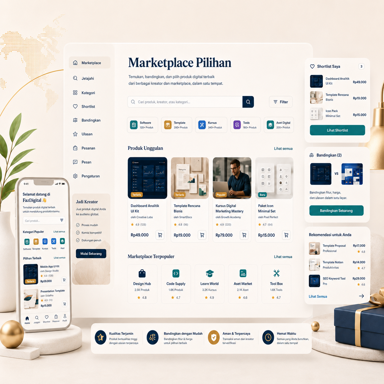 Marketplace produk digital pilihan FazDigital untuk tools AI, software, course, template, dan platform global