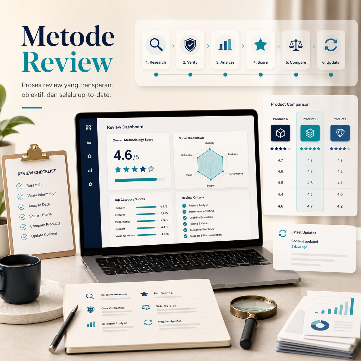 Ilustrasi metode review FazDigital dengan checklist, analisis, skor, dan perbandingan produk digital