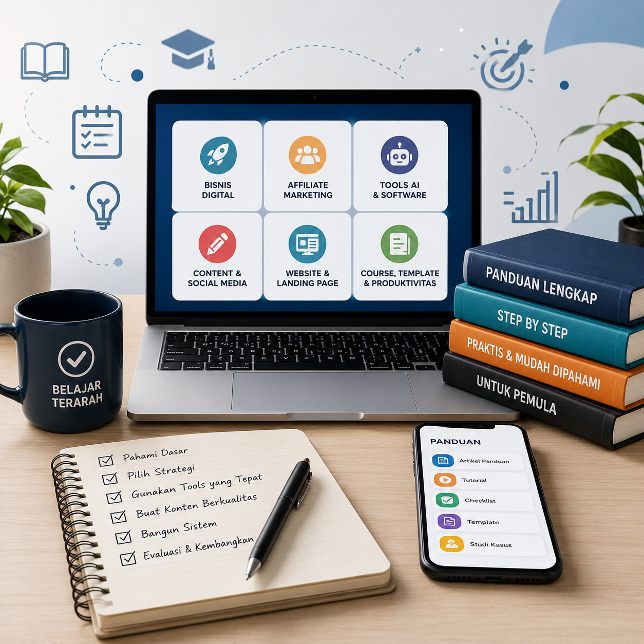 Ilustrasi panduan bisnis digital, affiliate marketing, tools AI, konten, website, dan produk digital