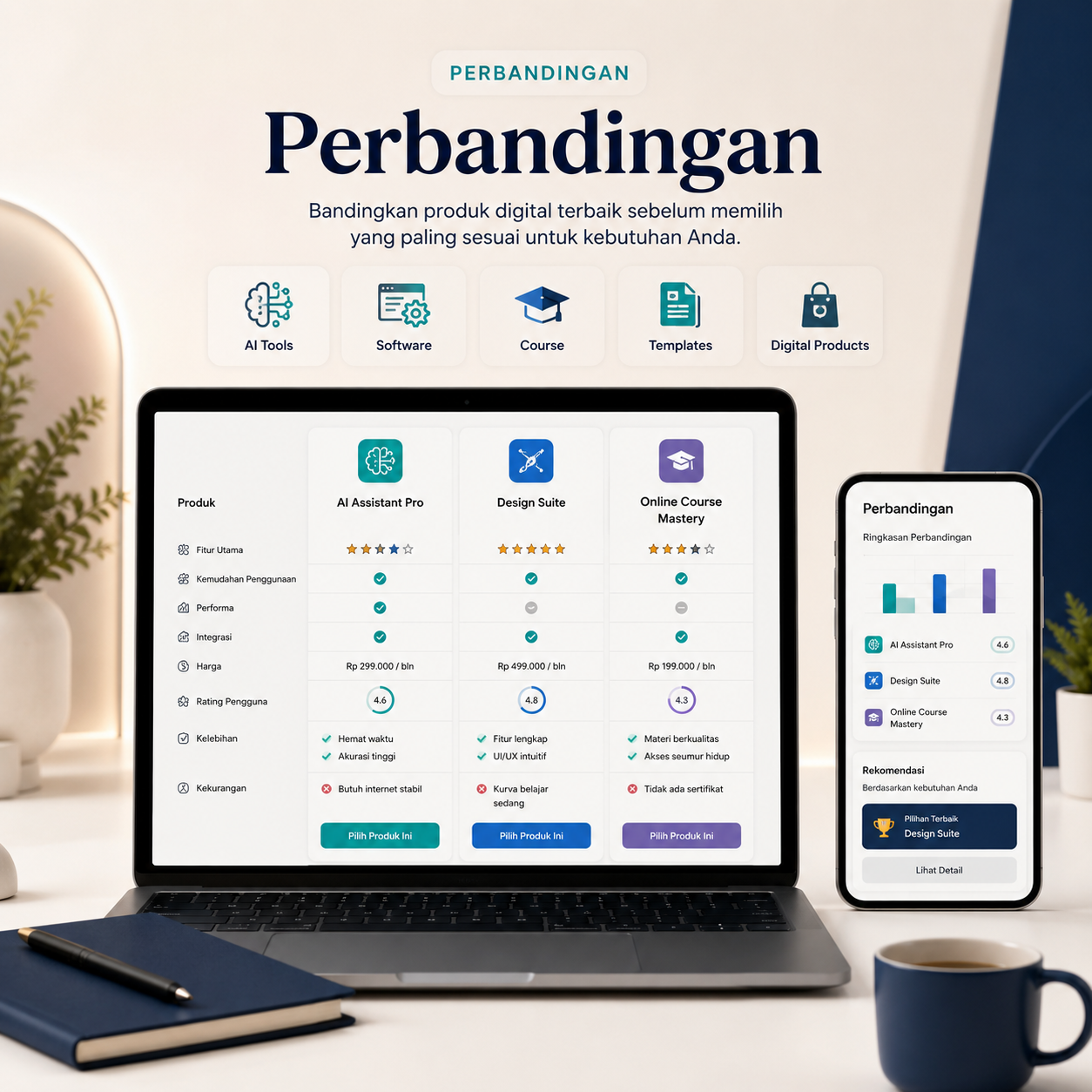 Ilustrasi perbandingan produk digital, tools AI, software, course, dan platform pilihan FazDigital