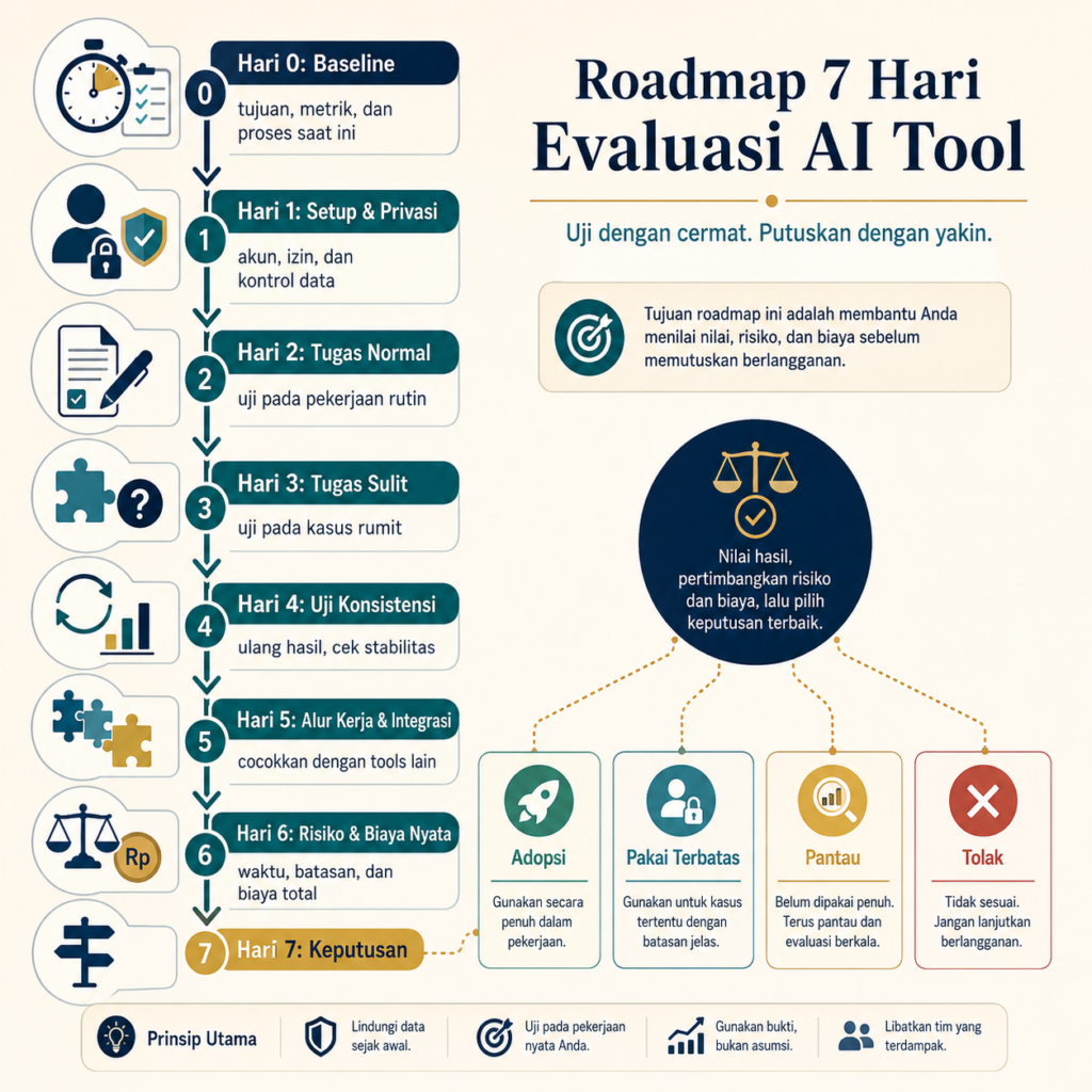 Infografis pilot 7 hari untuk cara memilih tools AI yang tepat sebelum berlangganan.