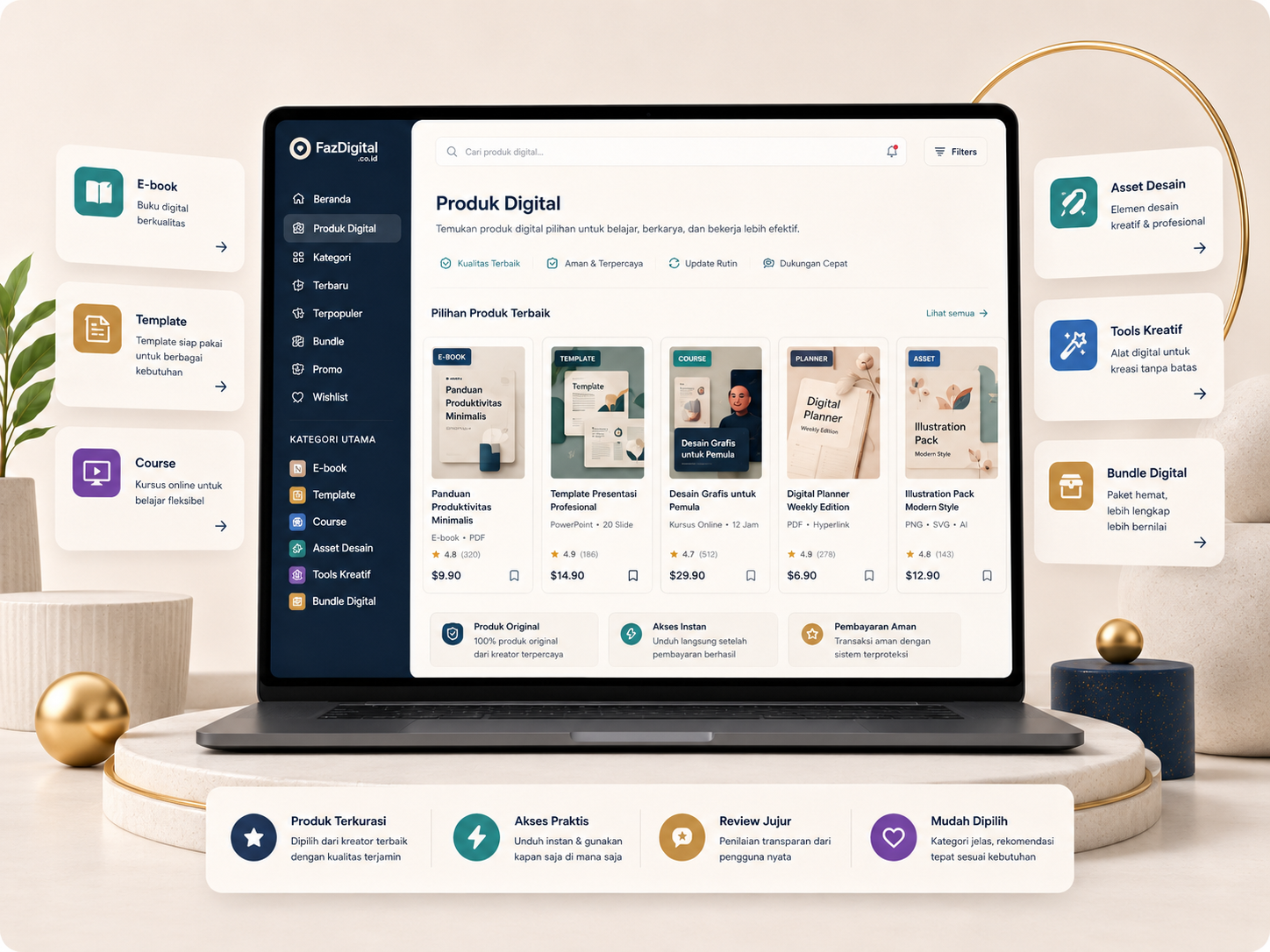 lustrasi halaman produk digital FazDigital dengan dashboard kategori e-book, template, course, asset desain, tools kreatif, dan bundle digital.