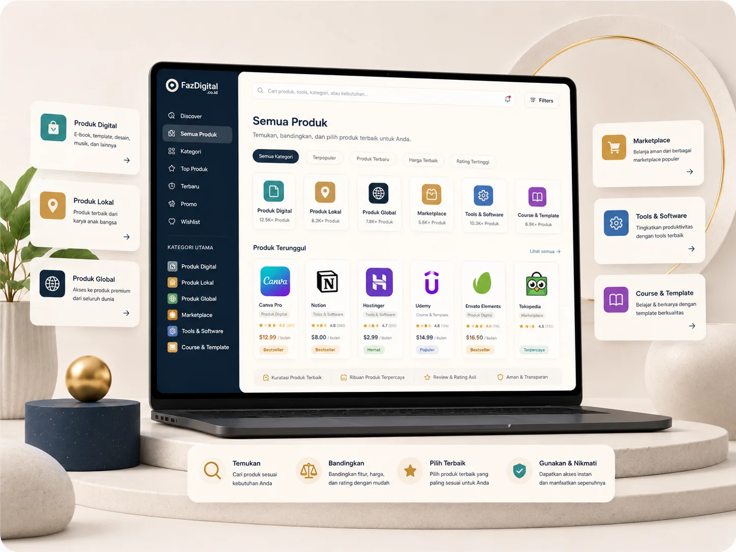 lustrasi halaman produk lokal FazDigital dengan dashboard kategori e-book, template, course, asset desain, tools kreatif, dan bundle digital.
