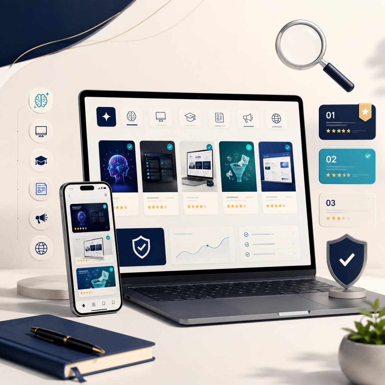 Ilustrasi rekomendasi produk digital, tools AI, software, course, dan template pilihan FazDigital