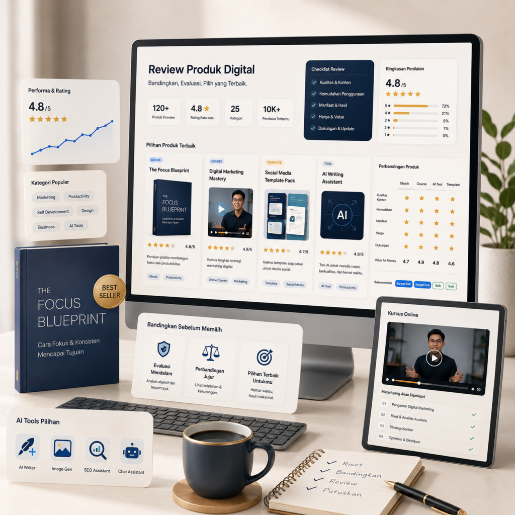 Hero image halaman review produk digital FazDigital yang menampilkan dashboard review, ebook, online course, template, dan tools AI dalam workspace modern