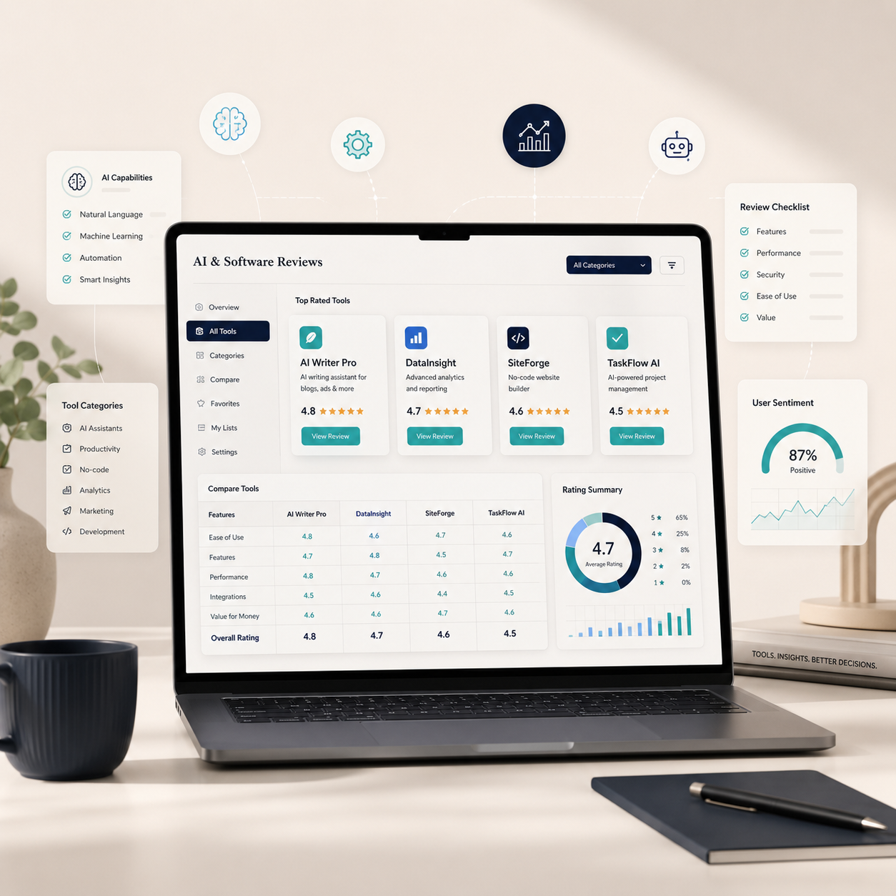 Ilustrasi review tools AI & software dengan dashboard penilaian, perbandingan fitur, rating, dan analisis performa