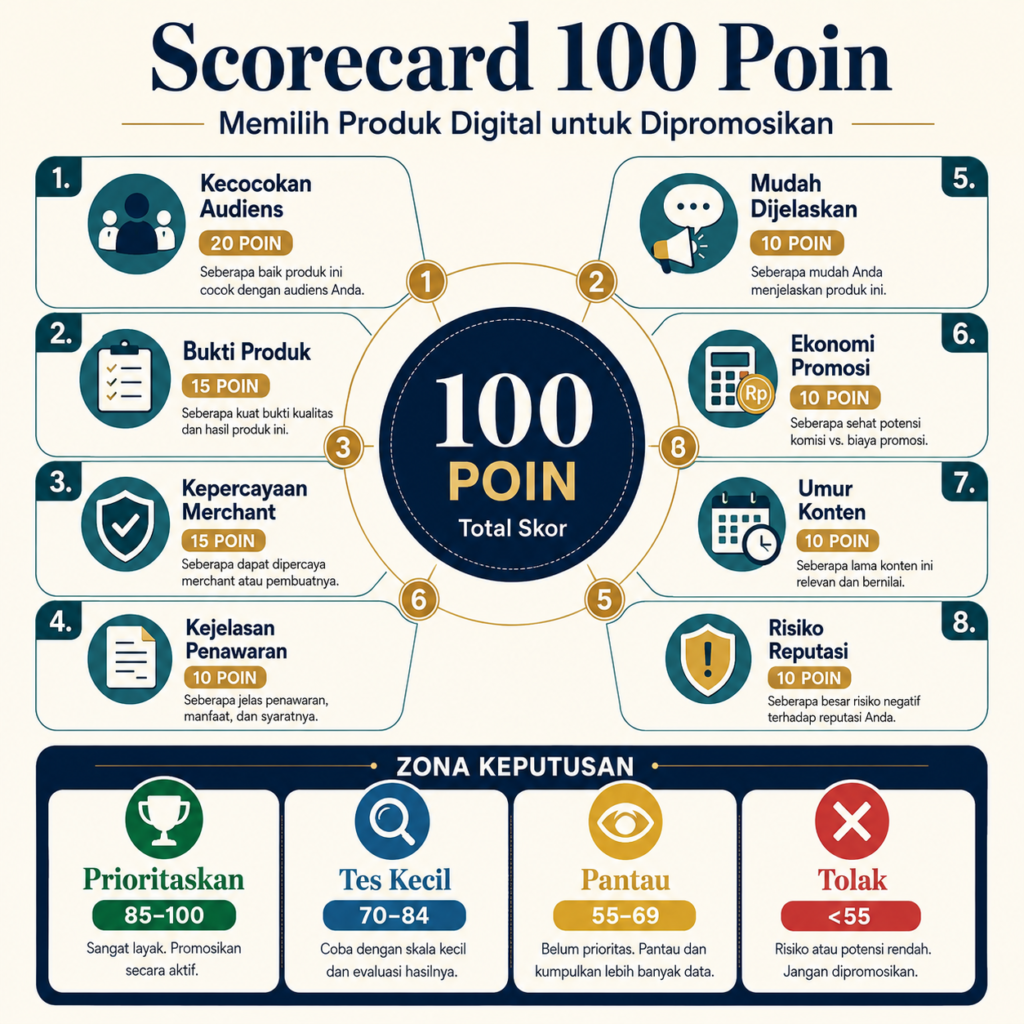 Infografis cara memilih produk digital untuk dipromosikan dengan scorecard 100 poin