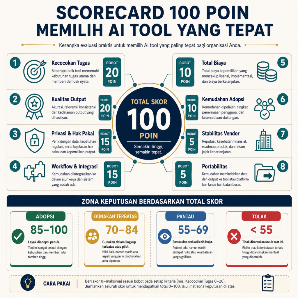 Infografis cara memilih tools AI yang tepat menggunakan scorecard TEPAT 100 poin.
