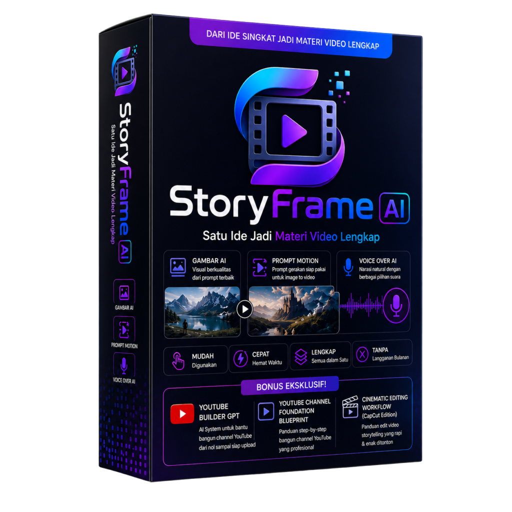 Review StoryFrame AI menampilkan mockup produk AI untuk membuat gambar, prompt motion, voice over, dan materi video lengkap