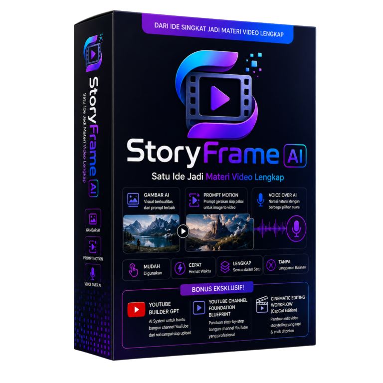 Review StoryFrame AI menampilkan mockup produk AI untuk membuat gambar, prompt motion, voice over, dan materi video lengkap