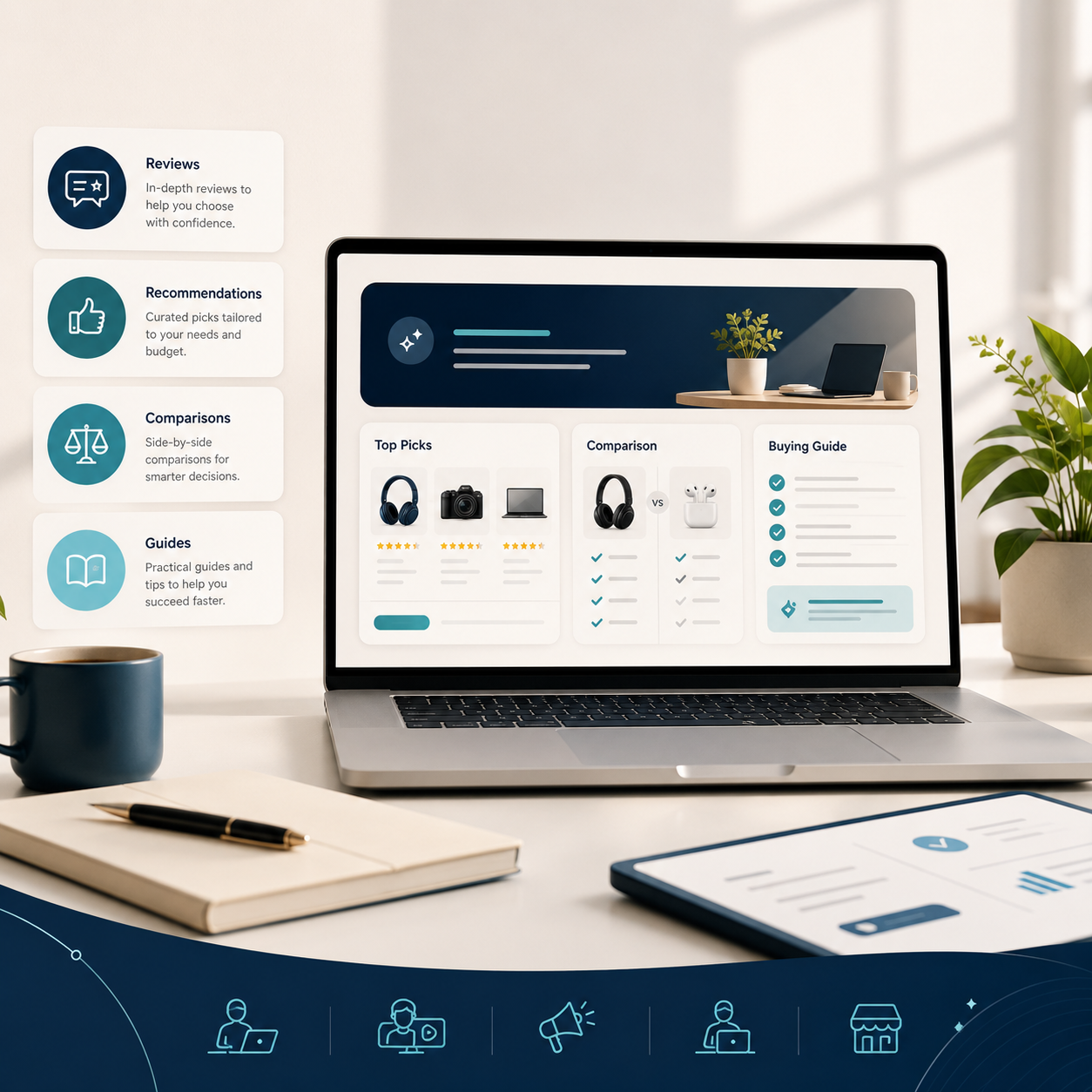 Ilustrasi tentang FazDigital sebagai platform review, rekomendasi, perbandingan, dan panduan produk digital
