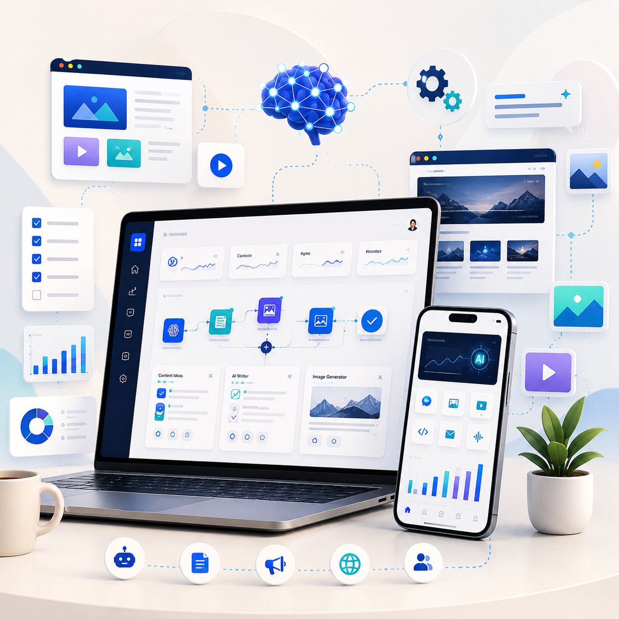 Ilustrasi tools AI & software dengan dashboard otomatisasi, generator konten, analitik, laptop, dan smartphone
