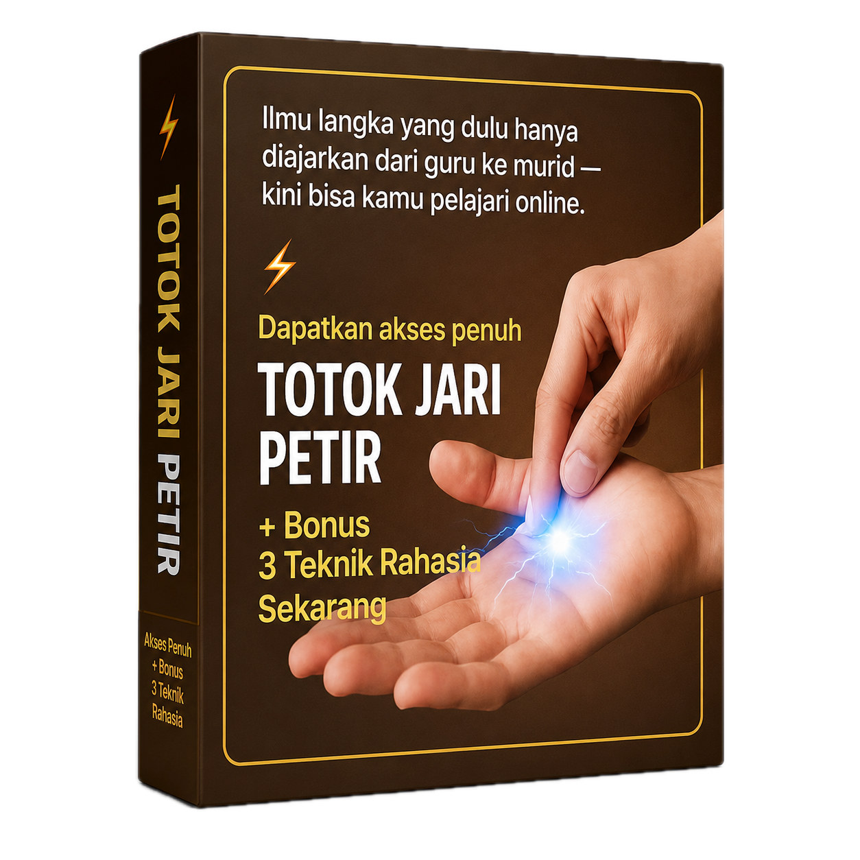 Totok Jari Petir dengan ilustrasi terapi jari dan efek cahaya listrik di telapak tangan