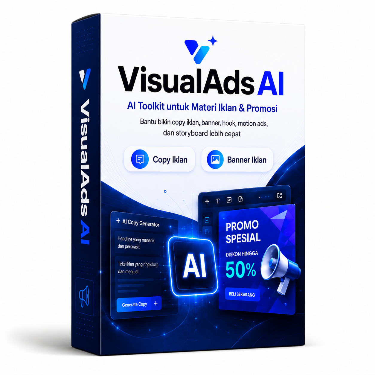 VisualAds AI toolkit untuk membuat copy iklan, banner ads, hook, motion ads, dan storyboard promosi