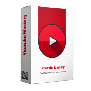 Box produk YouTube Mastery dengan ikon tombol play merah dan teks panduan menjadi YouTuber pemula hingga expert