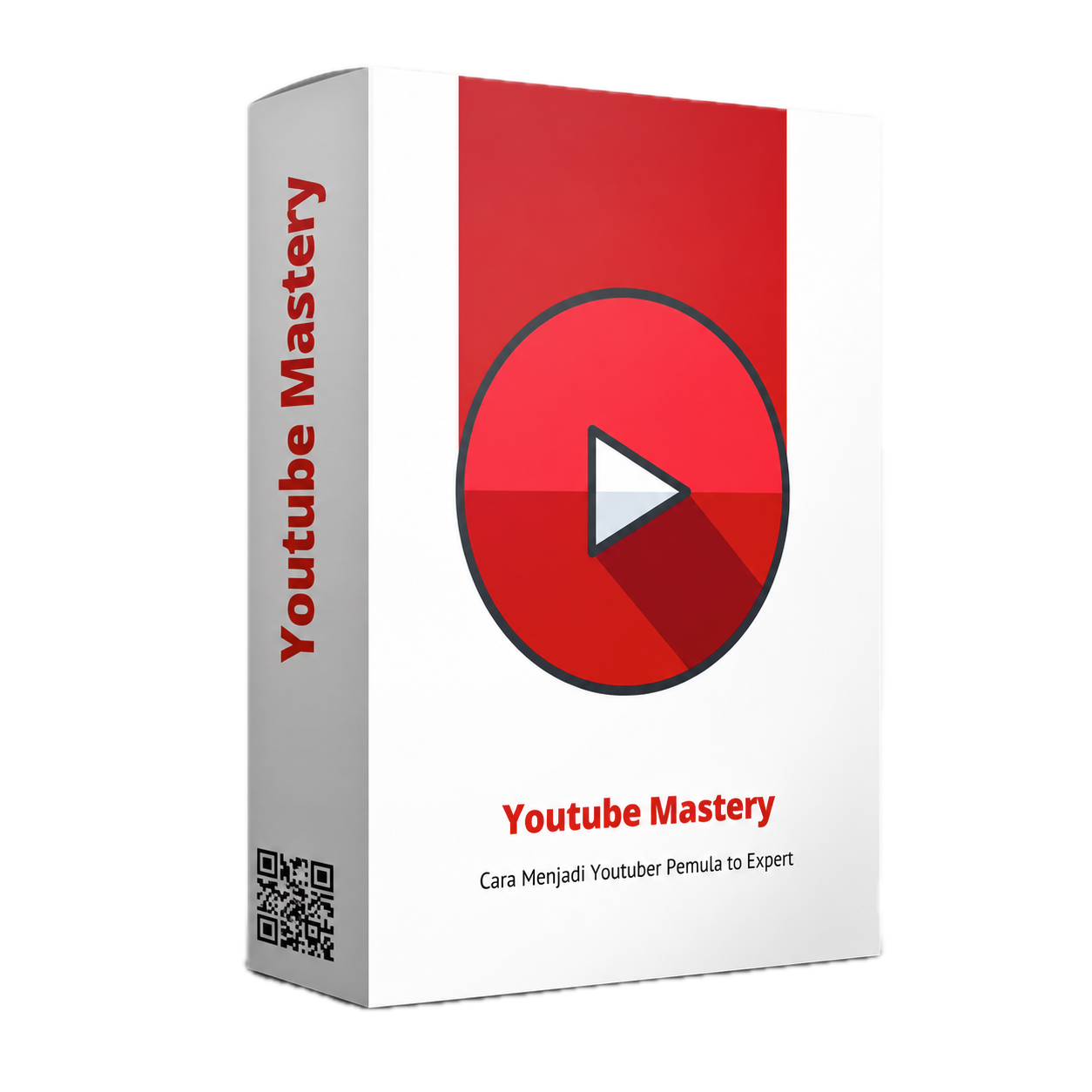 Box produk YouTube Mastery dengan ikon tombol play merah dan teks panduan menjadi YouTuber pemula hingga expert