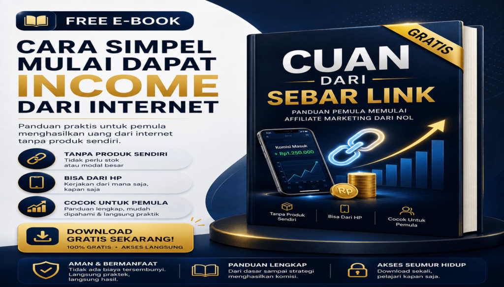 Banner e-book gratis Cuan dari Sebar Link, panduan affiliate marketing untuk pemula menghasilkan income dari internet tanpa produk sendiri.
