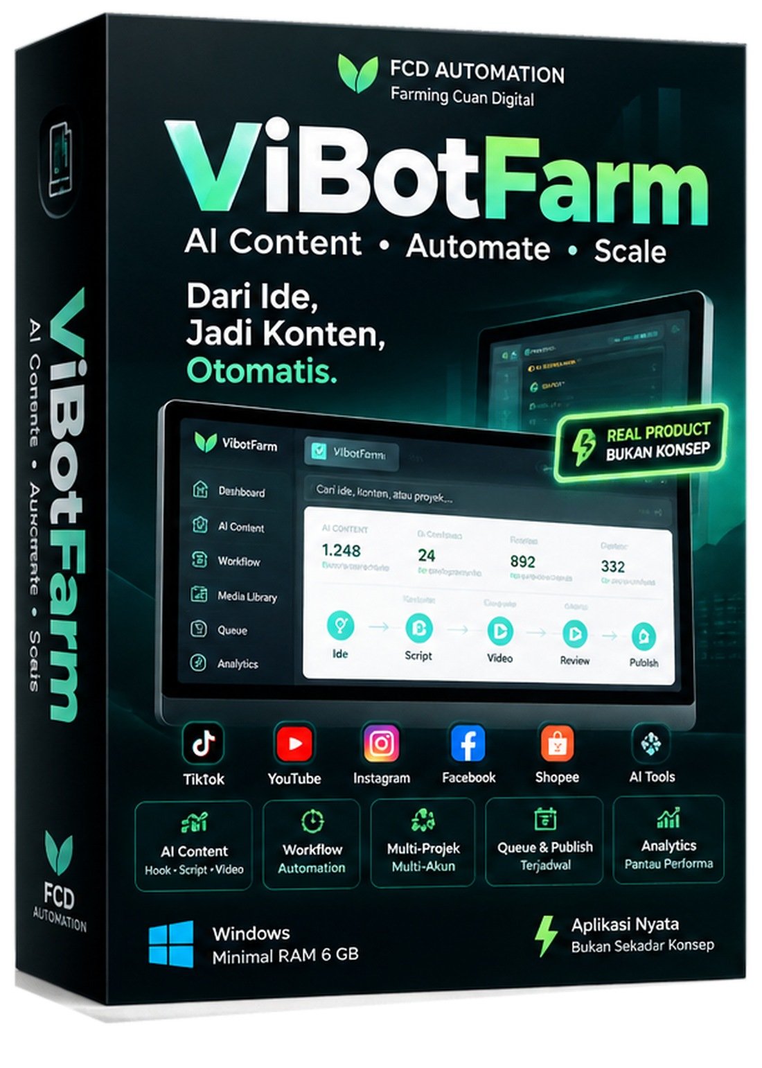 Review VibotFarm 2026, fitur aplikasi AI content automation untuk kreator konten dan affiliate marketer.
